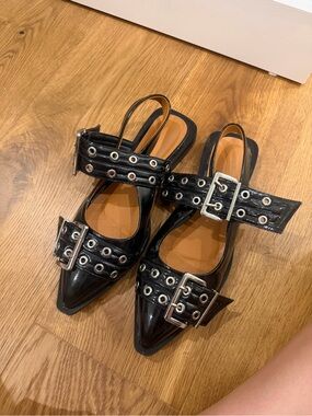 ASOS Black Patent Pointed Slingback Flats with Buckle & Grommet Straps